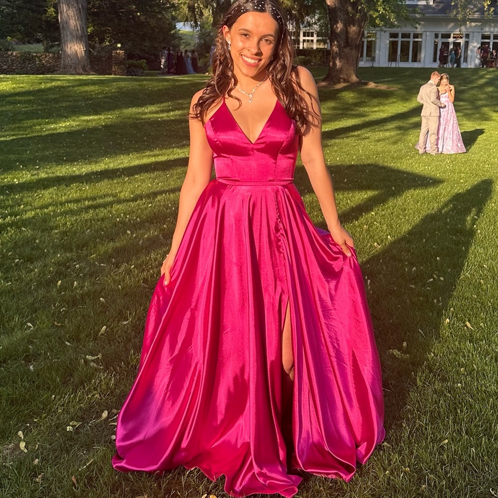 Faviana 10209 Rasberry Silky Charmeuse Lace Up Back Prom Dress With Side Pockets